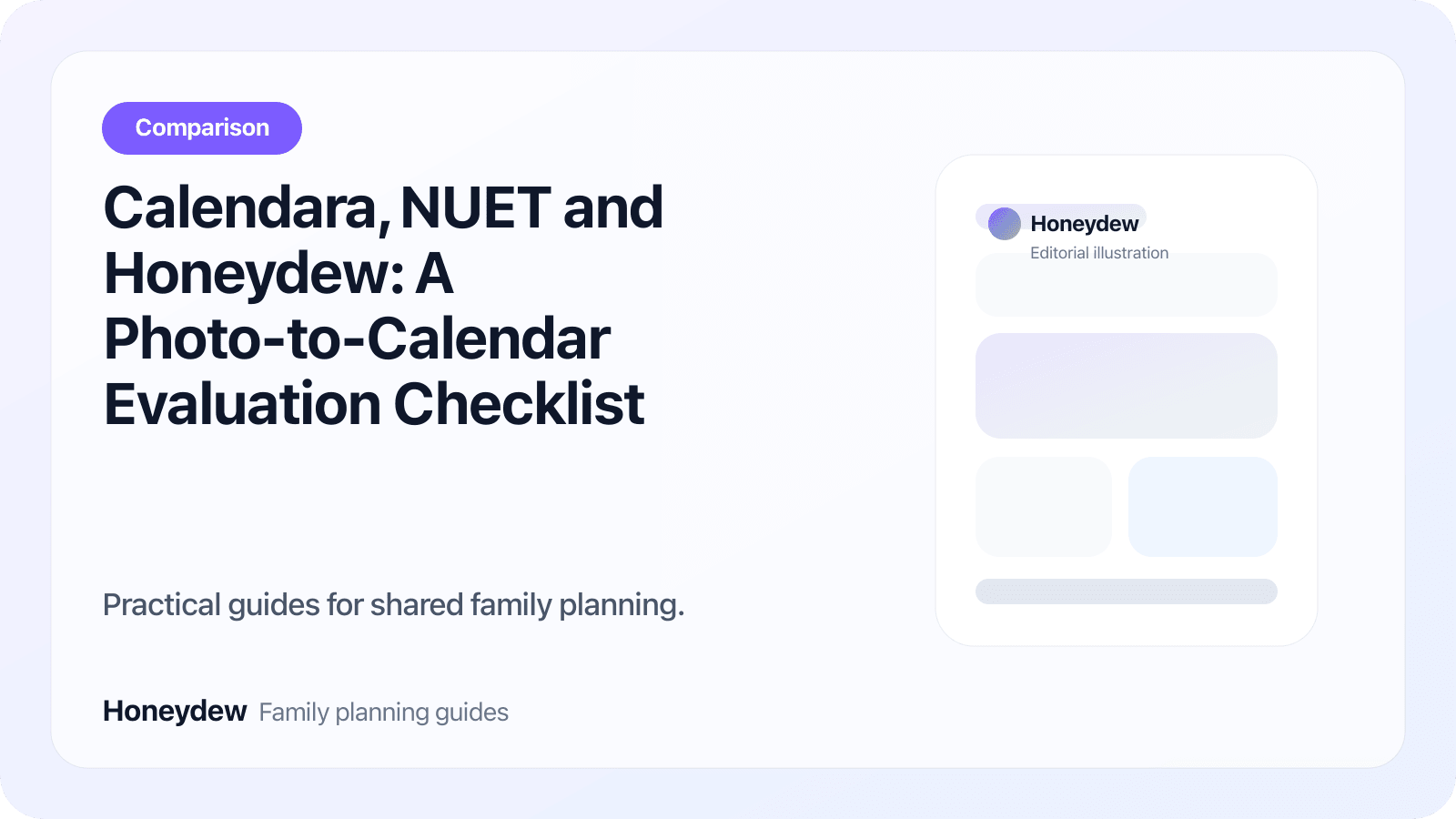 Calendara, NUET and Honeydew: A Photo-to-Calendar Evaluation Checklist