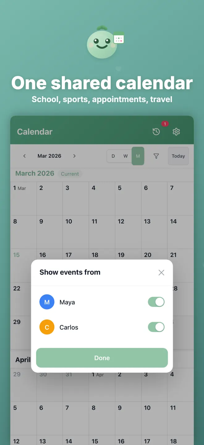 Honeydew shared family calendar screen