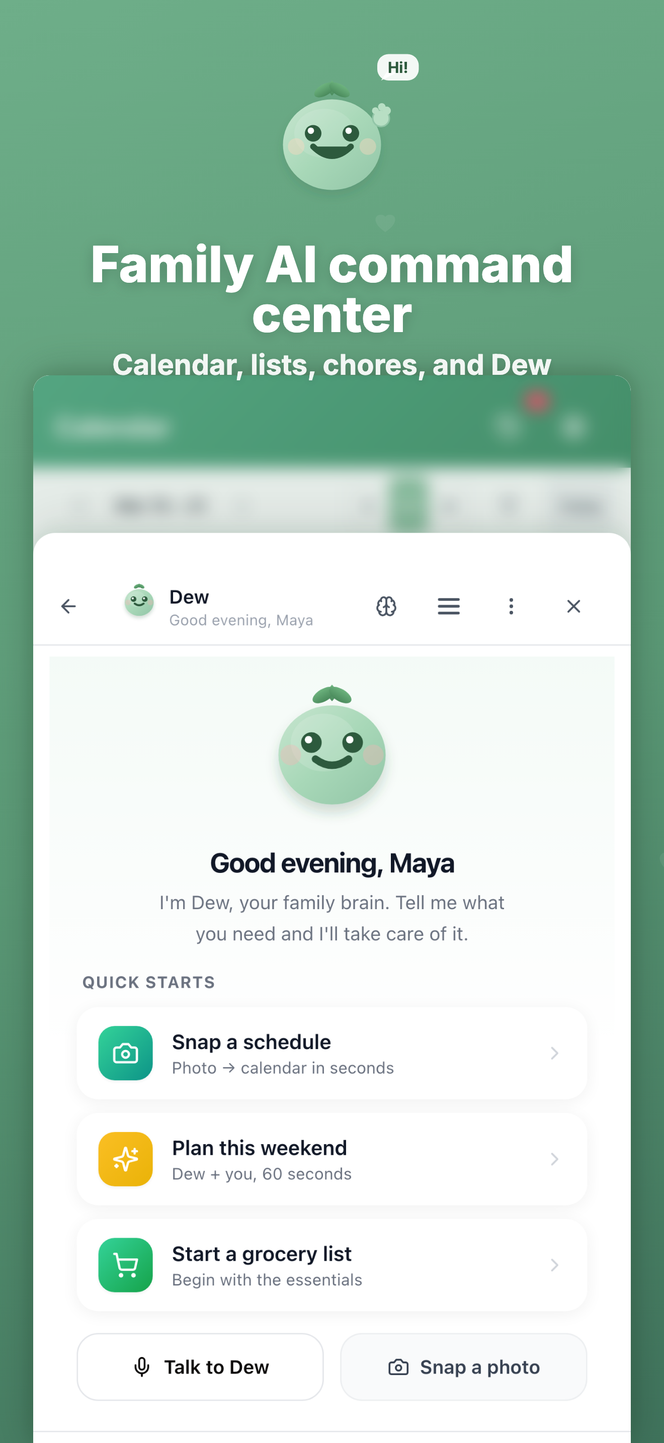 Honeydew family command center with Dew assistant and weekly plans