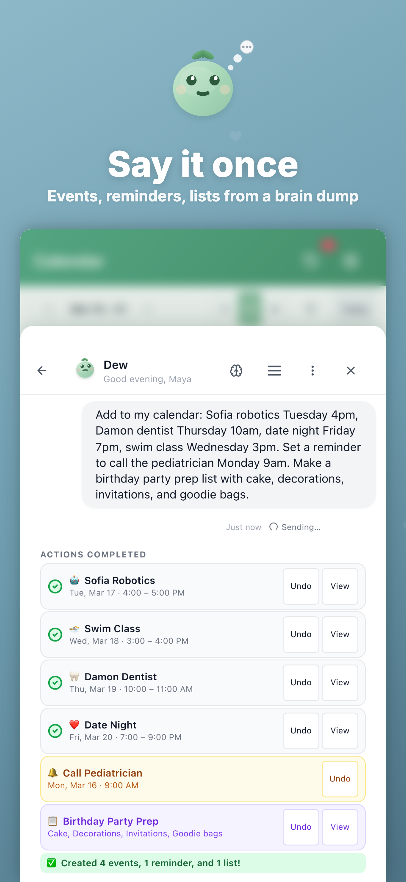 Honeydew Dew assistant turning a natural-language request into organized family plans