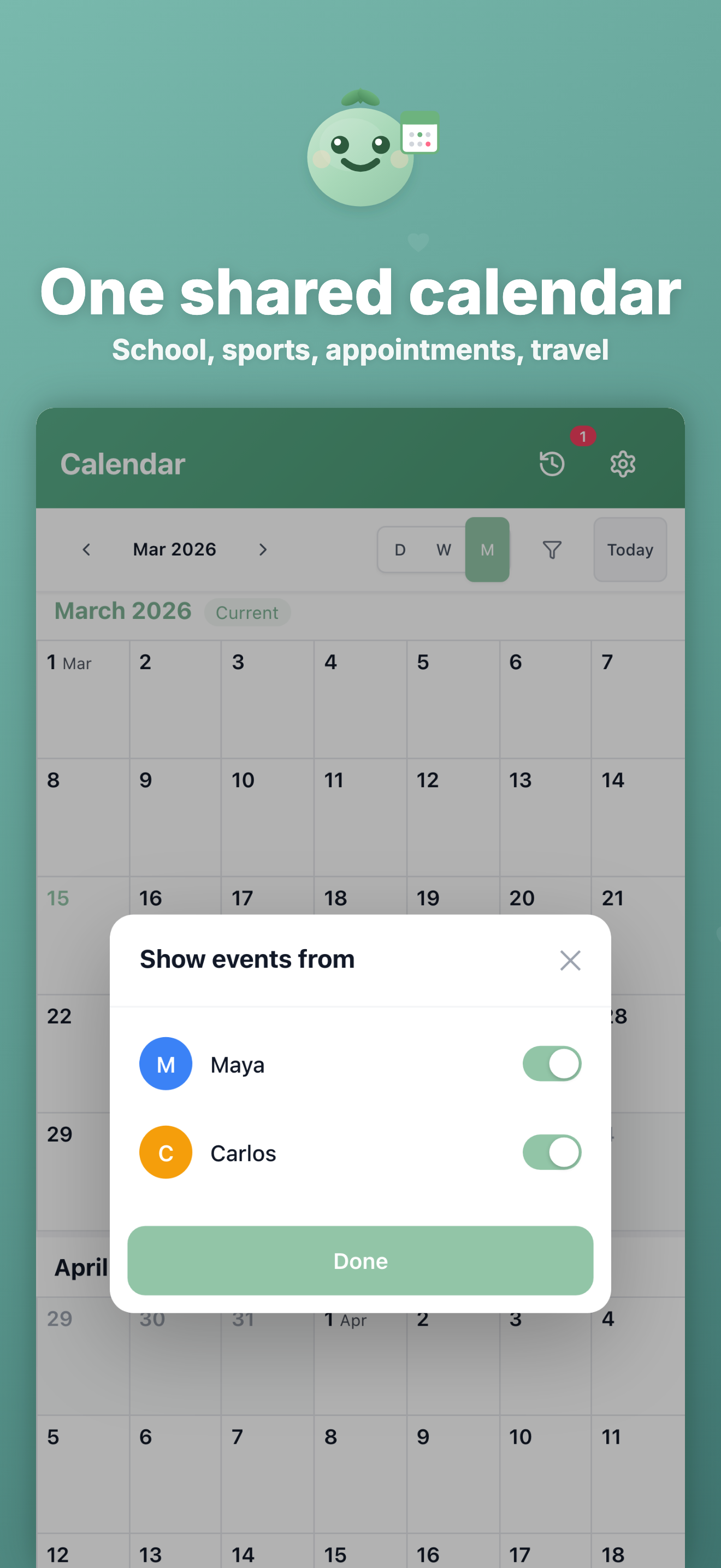 Honeydew shared family calendar screen
